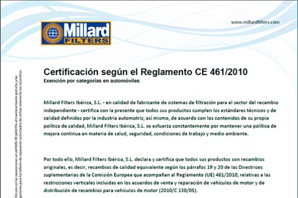 La calidad de los filtros Millard Certificada